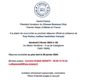 Invitation VIP Chinese Business Club Tony Parker - CEZ Presse